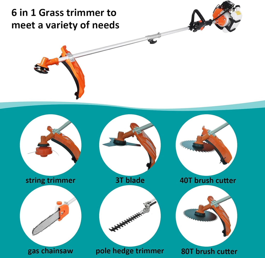 52cc Gas Weed Wacke, 6 in 1 Weed Eater 2-Stroke String Trimmer Brush Cutter Gas Grass Trimmer Lawn Mower Grass Cutter