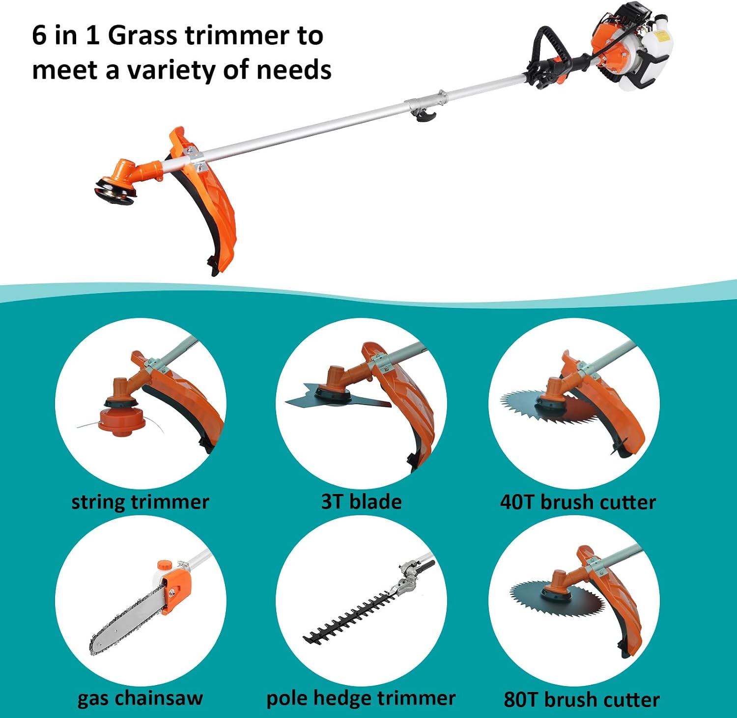 52cc Gas Weed Wacke, 6 in 1 Weed Eater 2-Stroke String Trimmer Brush Cutter Gas Grass Trimmer Lawn Mower Grass Cutter