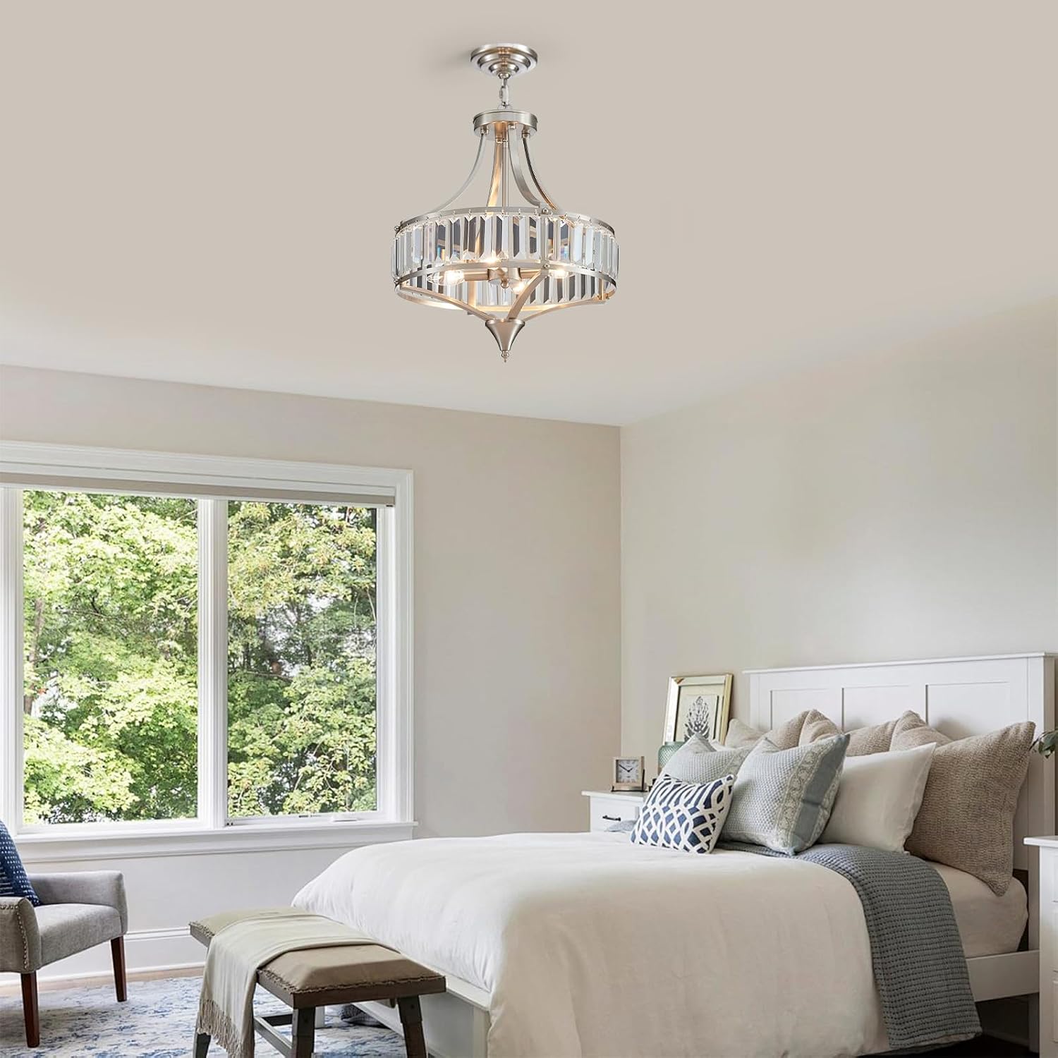 Crystal Chandeliers for Dining Room Rustic Farmhouse Pendant Round 4-Light Brushed Nickel Lighting Fixture for Dining Room Kitchen Island Hallway Bedroom Home Office
