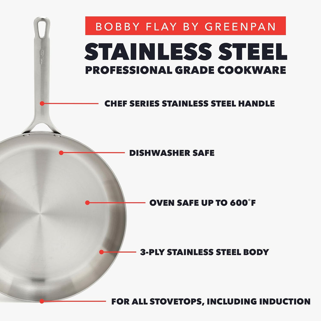 GreenPan x Bobby Flay 10 Piece Stainless Steel Cookware Set, Tri-Ply Multiclad Pots & Pans, Professional Grade, Oven & Broiler Safe to 600°F, Dishwasher Safe, Durable, Induction Compatible, Silver