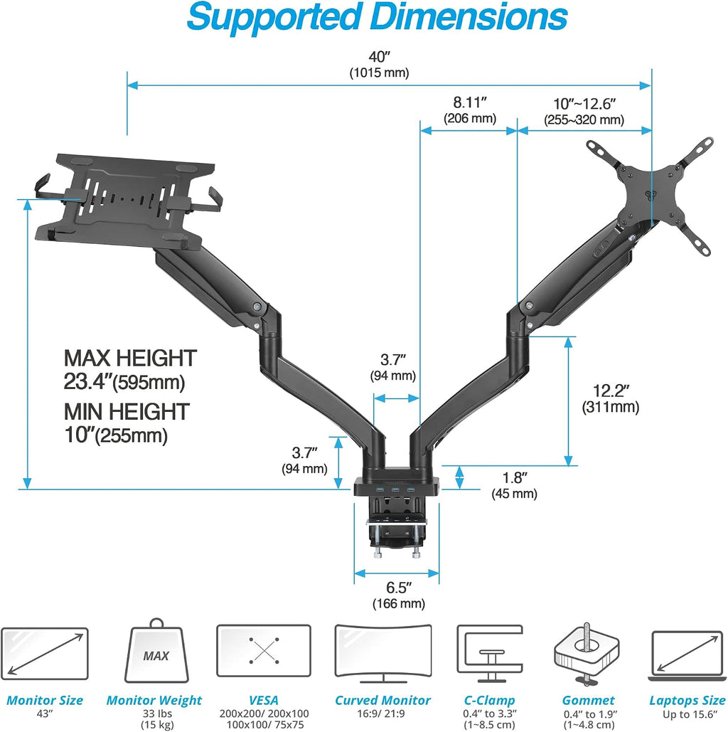 AVLT Dual 17'-43' Monitor Arm Desk Mount with 15' Laptop Tray and USB-C&A Docking Station 5Gbps, HDMI 4K60Hz, Ethernet, 100W PD, Fits Two Flat/Curved Monitor - Black