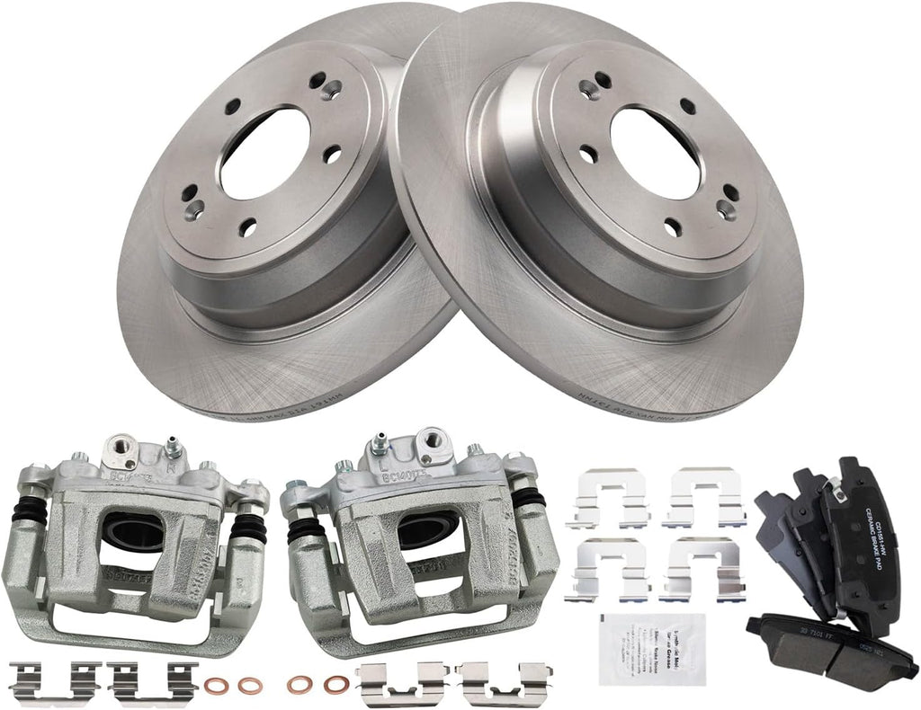 TRQ Rear Brake Pad and Rotor Set Ceramic Rotors Calipers Compatible with 2010-2016 Hyundai Genesis 2017 Genesis G80 2016 Kia K900