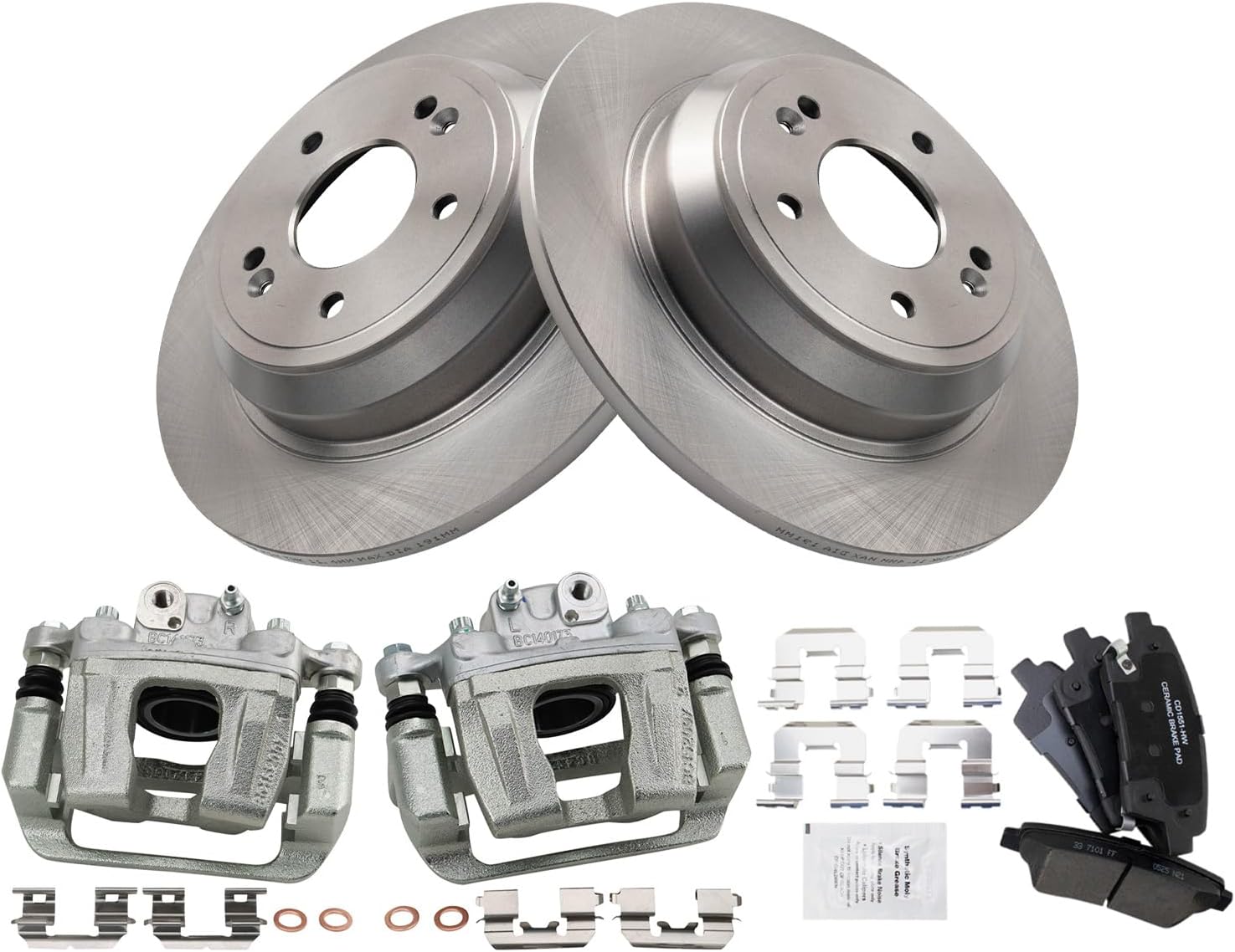 TRQ Rear Brake Pad and Rotor Set Ceramic Rotors Calipers Compatible with 2010-2016 Hyundai Genesis 2017 Genesis G80 2016 Kia K900