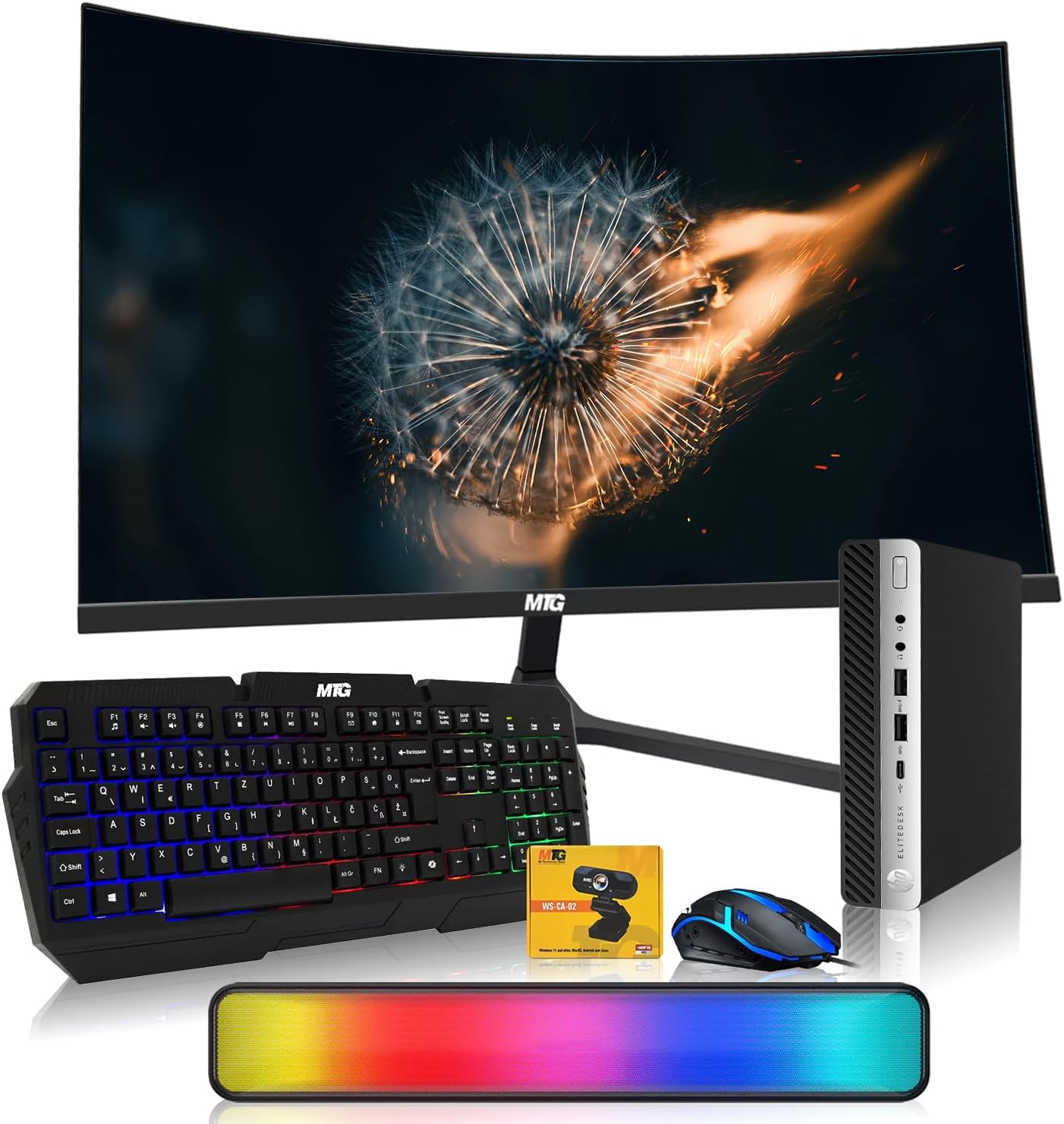 HP G3 Tiny Mini Desktop PC, Intel Core i5, 32GB RAM, 1TB SSD with 32 inch Curved Monitor, AI Enabled RGB Keyboard Mouse, RGB Soundbar and Webcam Windows 11 (Renewed)