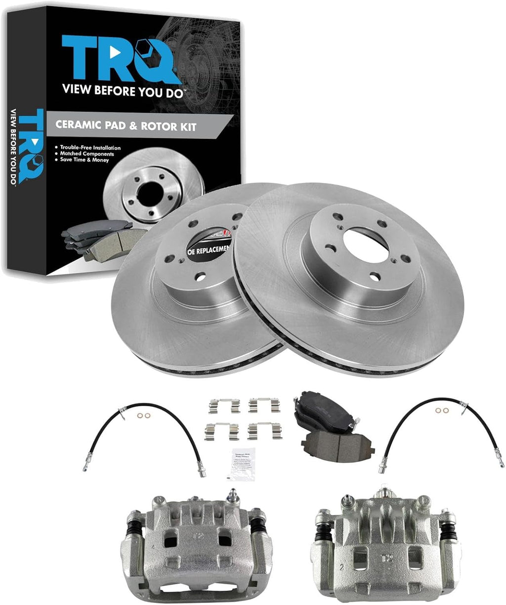 TRQ Front Brake Pad and Rotor Set Ceramic Rotors Calipers Hoses Compatible with 2006 Subaru Baja 2005-2009 Outback