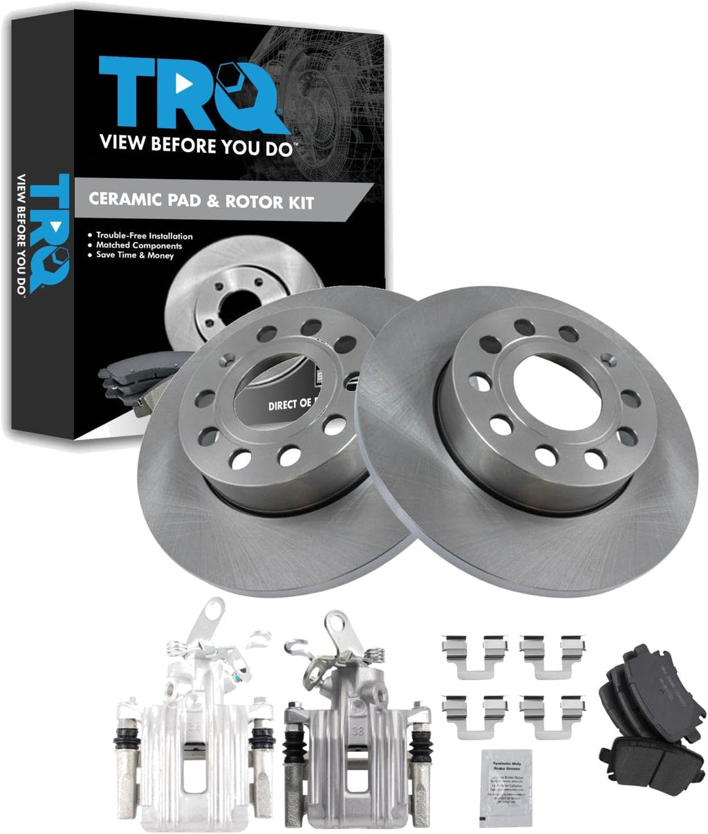 TRQ Rear Brake Pad and Rotor Set Ceramic Rotors Calipers Hardware Compatible with 2010 Audi A3 A3 Quattro Volkswagen Golf