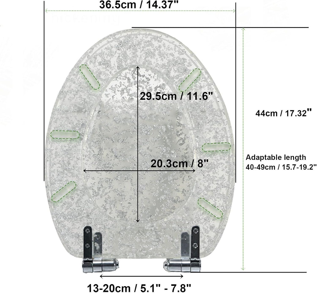 Glitter Toilet Seat Soft Close Elongated Toilet Seat 36.5 * 44Cm Resin Toilet Seat with Adjustable Hinges, Easy to Install Also Easy to Clean,Gold(Silver Foil)