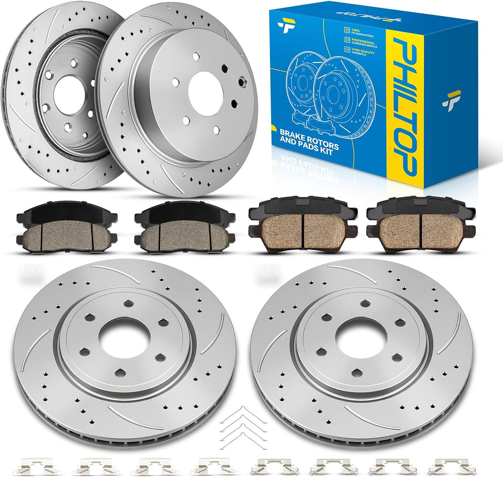 PHILTOP Front & Rear Brake Kit For 2005 2006 2008 2012 Nissan Pathfinder, Drilled & Slotted Brake Rotors Ceramic Brakes Pads Replacement : 11.63' inch Front, 12.11' inch Rear Rotor