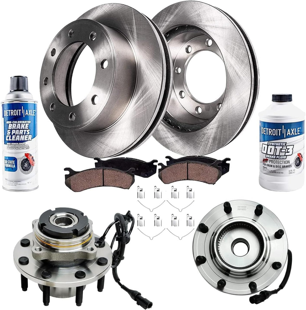 Detroit Axle - 4WD Front Wheel Bearing Hubs Brake Kit for 99-04 Ford F-250 F-350 Super Duty 00-02 Ford Excursion [SRW] Wheel Bearing Hubs Disc Brake Rotors Brakes Pads Replacement : 13.03 inch Rotor