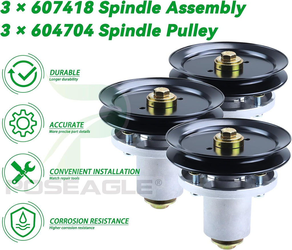 3 Pack 607418 Spindle Assembly with 604704 Spindle Pulley Replaces Hustler 601804 Spindle Assembly for Hustler Raptor SD 60 Deck Spindles, Hustler 60 inch Mower Deck Spindles