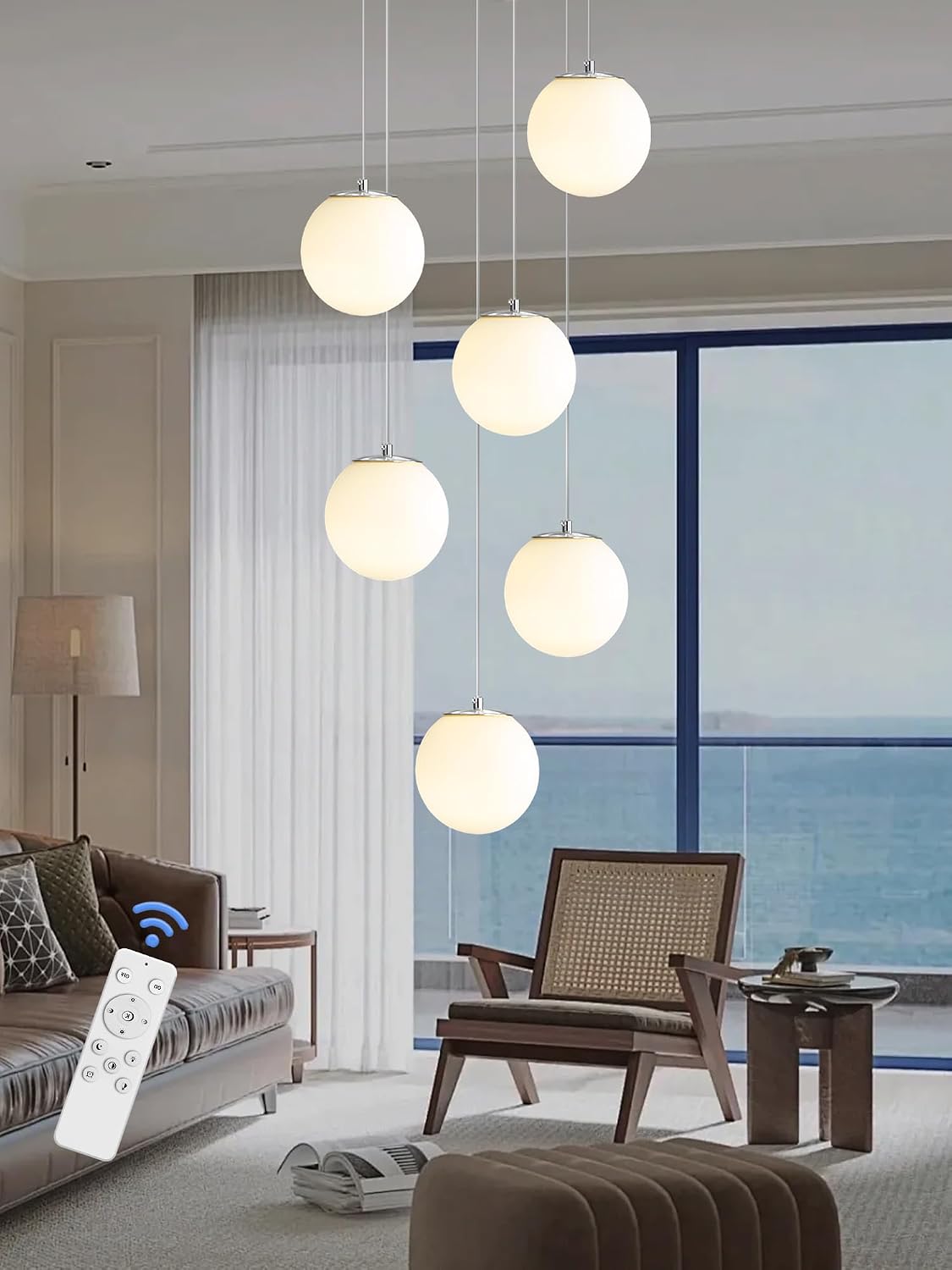ykolupty 6-Light Silver Chandelier with White Globe Glass Dimmable Ceiling Light Glass Pendant Light for Kitchen Island, Dining Room, Living Room, Entry Hallway, LED Bulbs Included