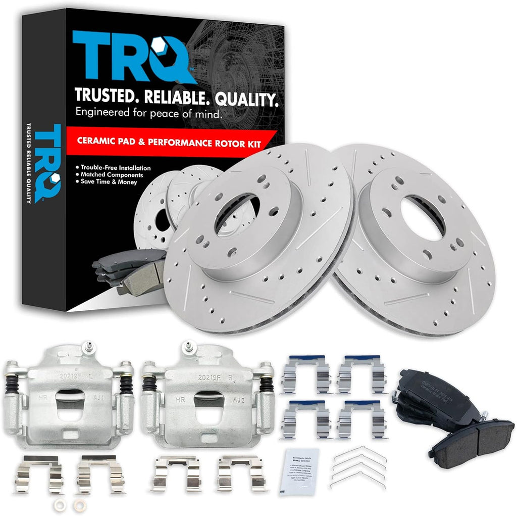 TRQ Performance Front Brake Pad and Rotor Set Ceramic G Coated Slotted Drilled Rotors Calipers Compatible with 1996-1999 Infiniti I30 1989-1999 Nissan Maxima