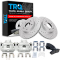 TRQ Performance Front Brake Pad and Rotor Set Ceramic G Coated Slotted Drilled Rotors Calipers Compatible with 1996-1999 Infiniti I30 1989-1999 Nissan Maxima