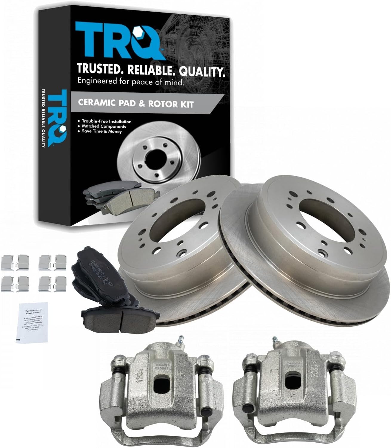 TRQ Rear Brake Pad and Rotor Set Ceramic Rotors Calipers Compatible with 2008-2015 Toyota Sequoia 2007-2015 Tundra