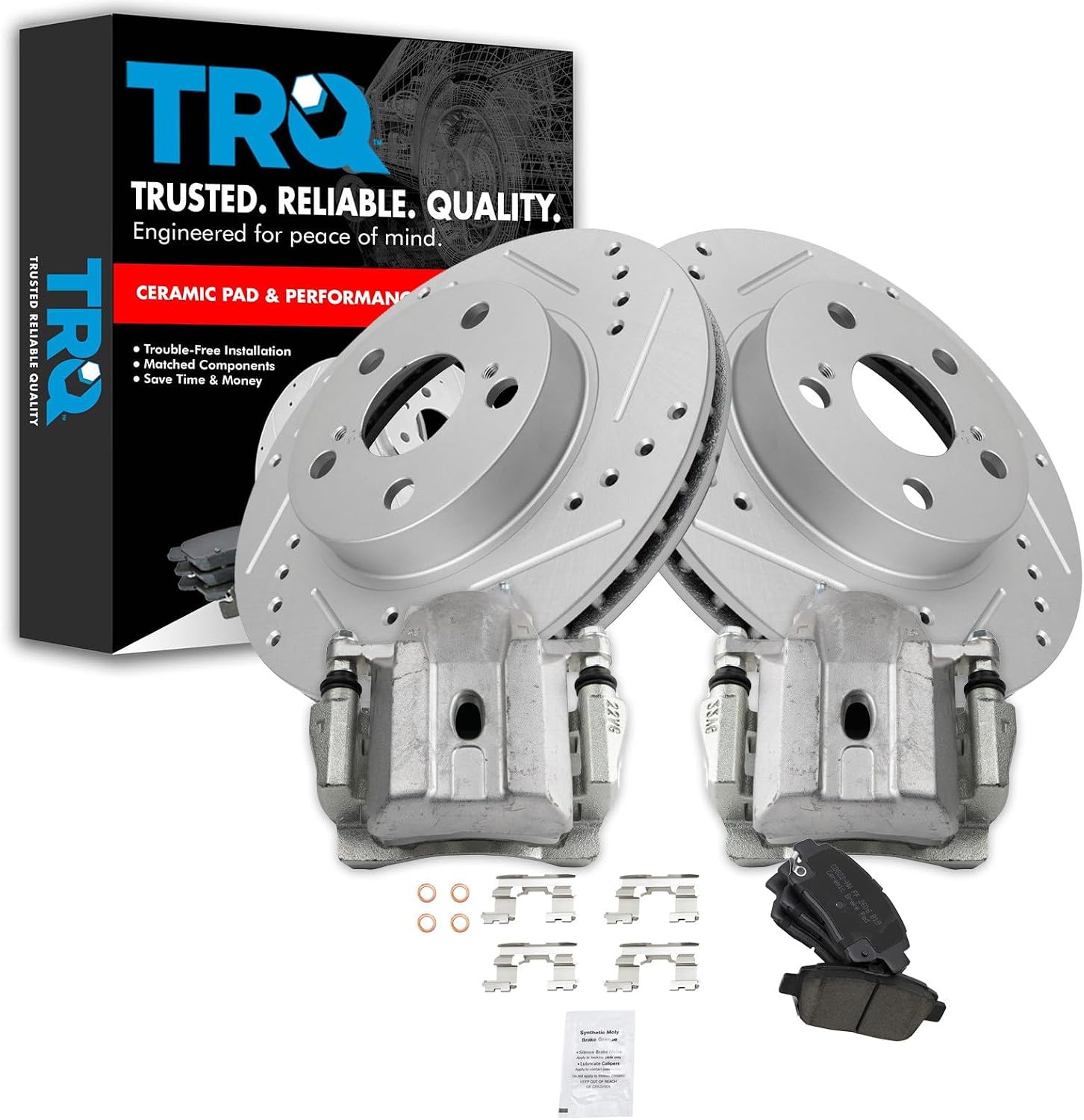 TRQ Performance Front Brake Pad and Rotor Set Ceramic Coated Drilled Slotted Rotors Calipers Compatible with 2004-2008 Toyota Prius