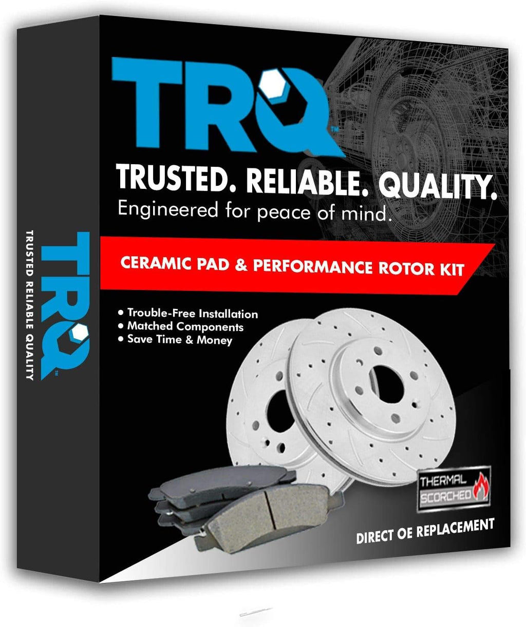 TRQ Performance Front Brake Pad and Rotor Set Ceramic Vented Coated Rotors Calipers Compatible with 2002-2007 Jeep Liberty