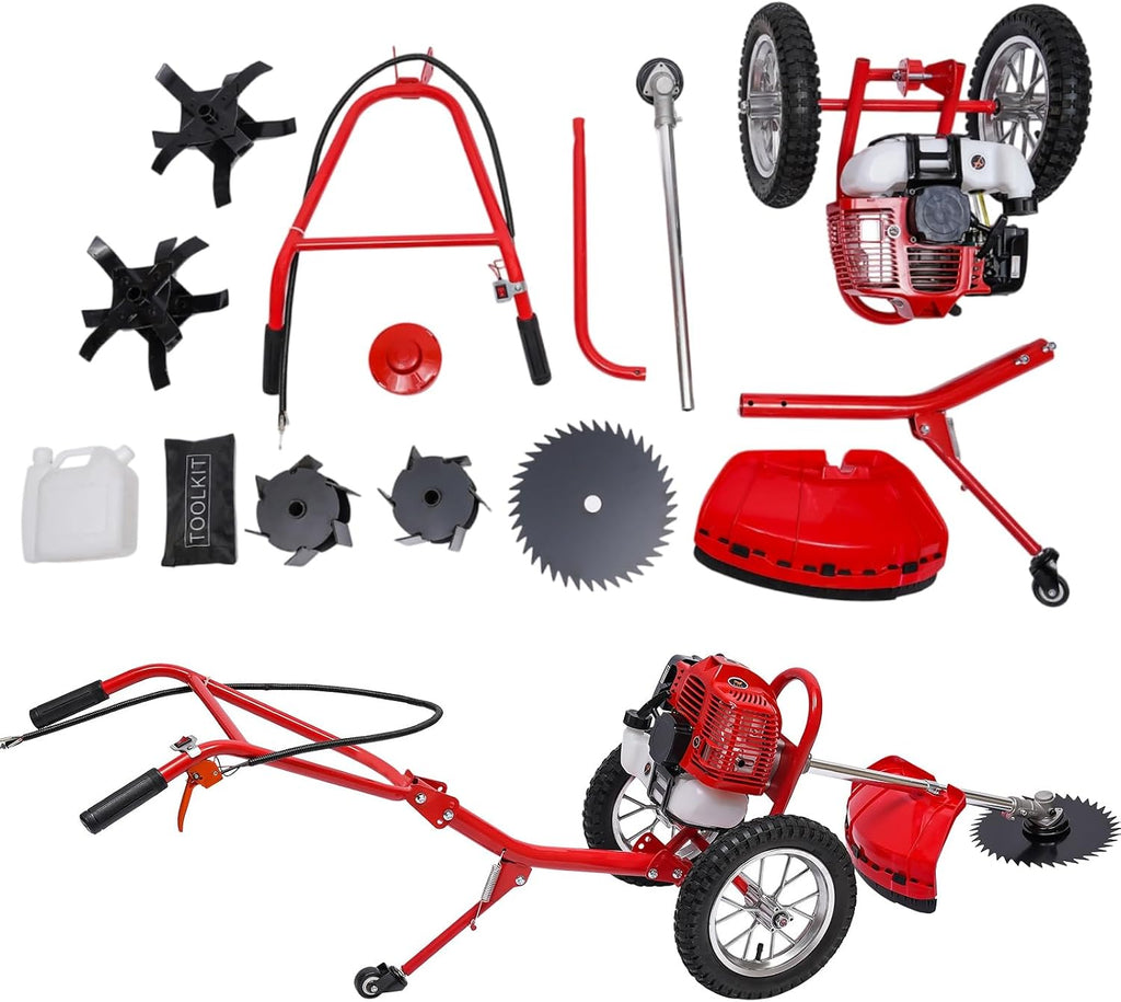 2-Stroke Gas Powered Lawn Mower, 49CC Hand-Push Weeder 2-in-1 Walk Behind String Trimmer Cutting Width 28 Cm/11.02 Inch Gas Powered Brush Cutter with Diaphragm Type Carburetor Air-Cooled