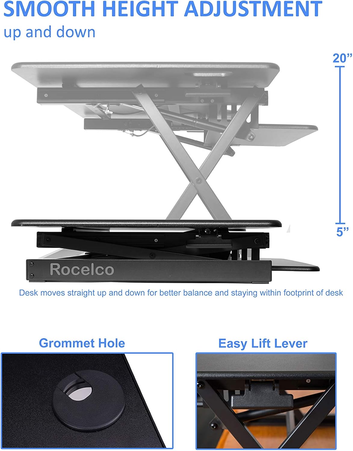 Rocelco 46' Large Height Adjustable Standing Desk Converter with Double Monitor Mount Arm BUNDLE - Quick Sit Stand Up Computer Workstation Riser - Retractable Keyboard Tray - Black (R DADRB-46-DM2)