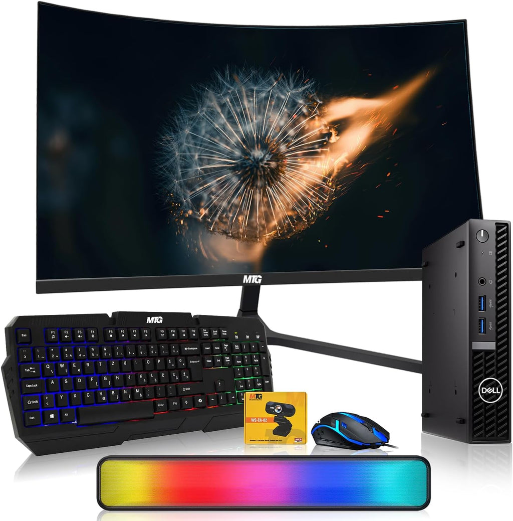 Dell Optiplex Tiny Mini Desktop PC, Intel Core i5, 16GB RAM, 1TB SSD with 32 inch Curved Monitor, AI Enabled RGB Keyboard Mouse, RGB Soundbar and Webcam Windows 11 Pro (Renewed)