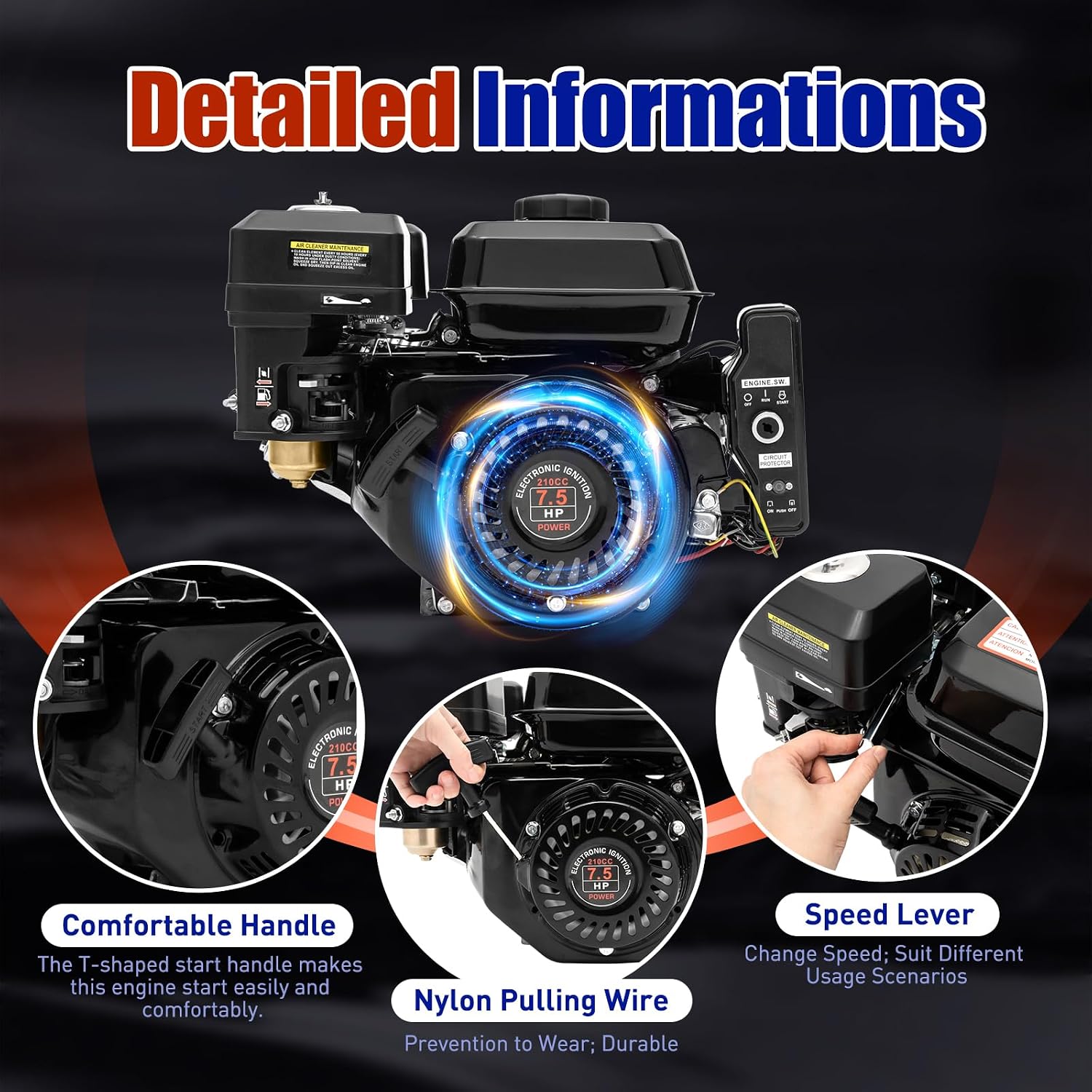 7.5HP Gas Engine, 4-Stroke 212CC Go Kart Motor Engine Industrial Grade OHV Gasoline Engine, Single Cylinder Pull Start Gas Powered Motor for Compressors Scarifiers Lawn Mowers Pump Generators