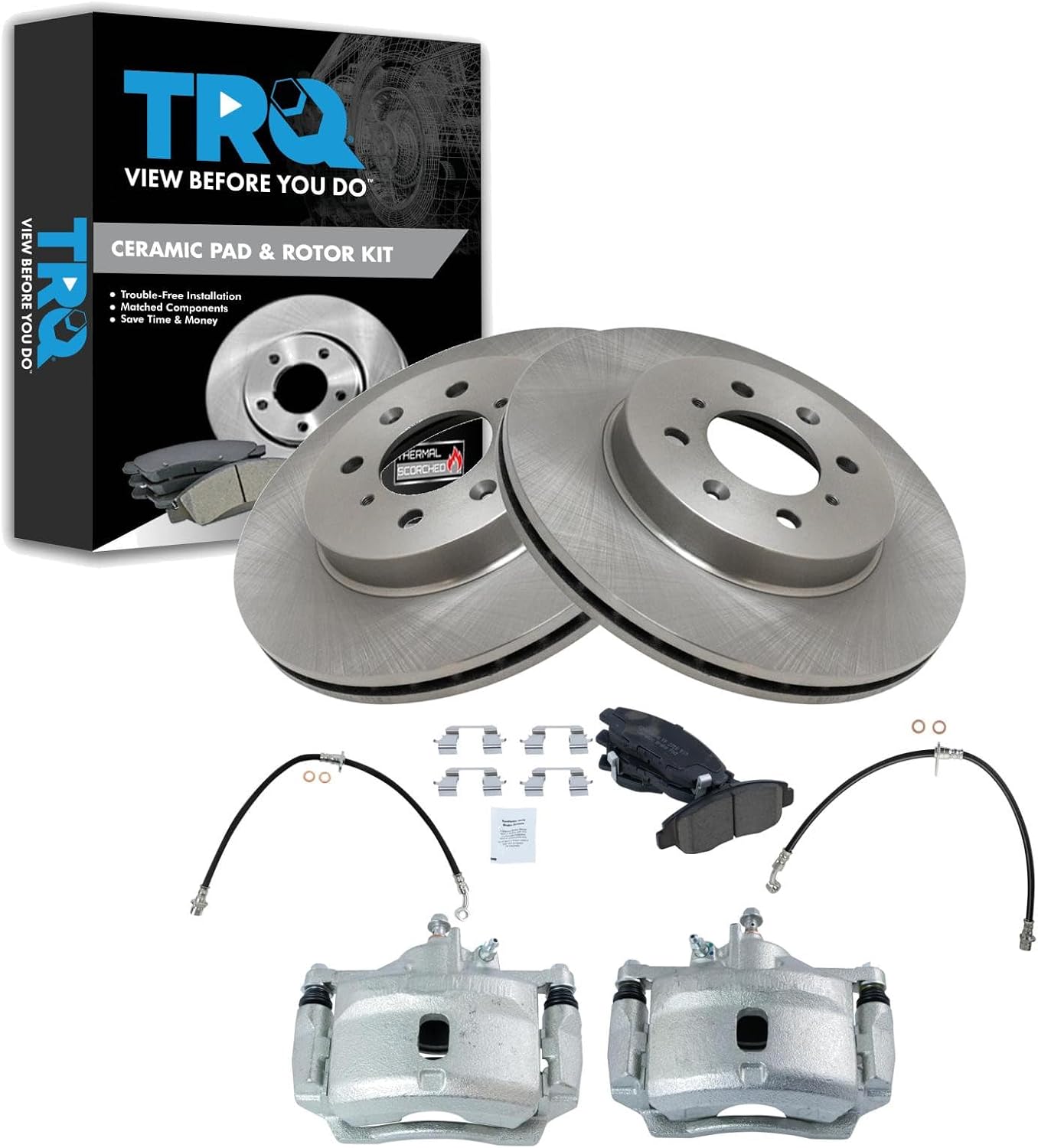 TRQ Front Brake Pad and Rotor Set Ceramic Rotors Calipers Hoses Compatible with 2001-2005 Honda Civic
