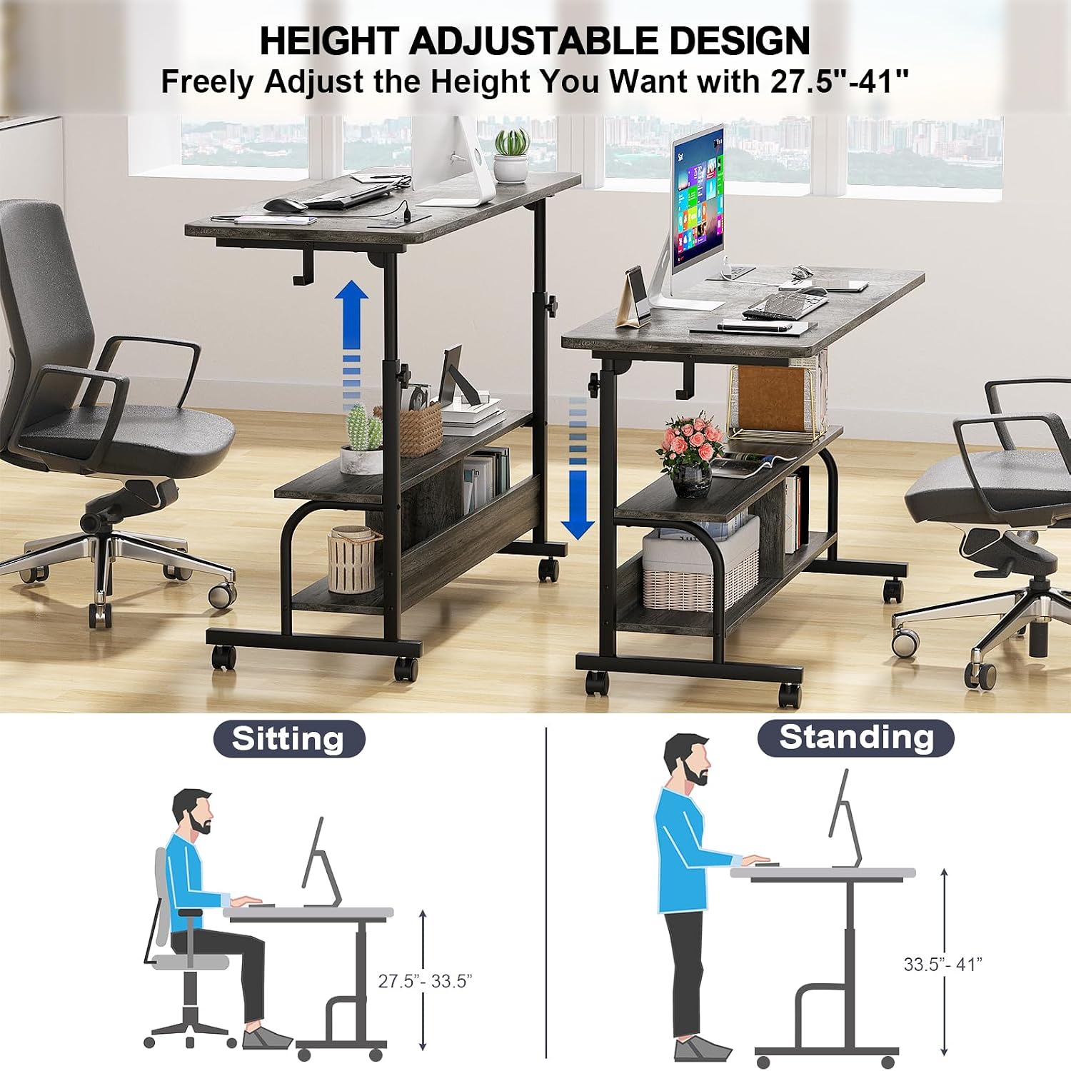 Armocity Rolling Standing Desk with Power Outlets, 47' Manual Height Adjustable Mobile Computer Desk with Wheels, Portable Sit Stand Laptop Couch Table for Bed & Sofa Home Office, Grey Oak