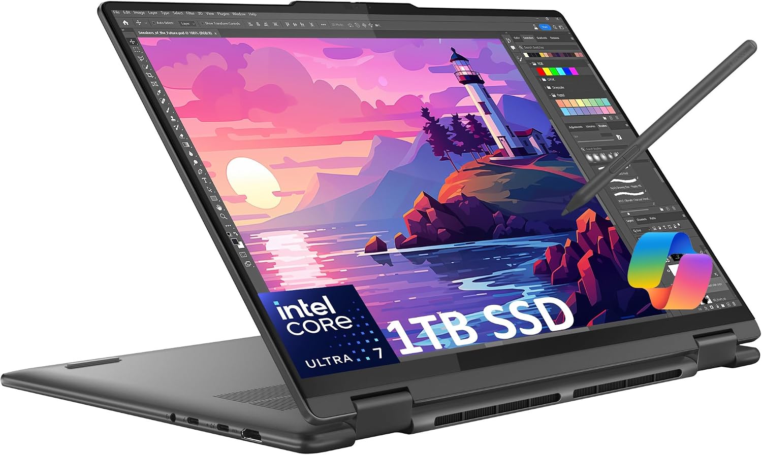 Lenovo Yoga 7 7i 2-in-1 Business Laptop (16' FHD+ Touchscreen, Intel Core Ultra 7 155U (Beat i7-1355U7), 16GB RAM, 1TB SSD, IST Pen) Backlit, Fingerprint, FHD IR Webcam, Win 11 Home w/AI Copilot, Grey