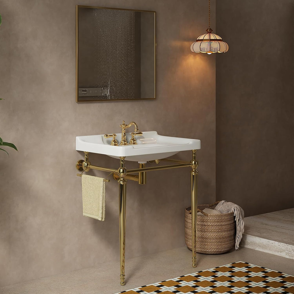 28 inch Console Bathroom Sink, Freestanding Console Sink With Stainless Brushed Gold Legs, Modern Bathroom Vanity with 3 Tap Holes, White Ceramic Basin