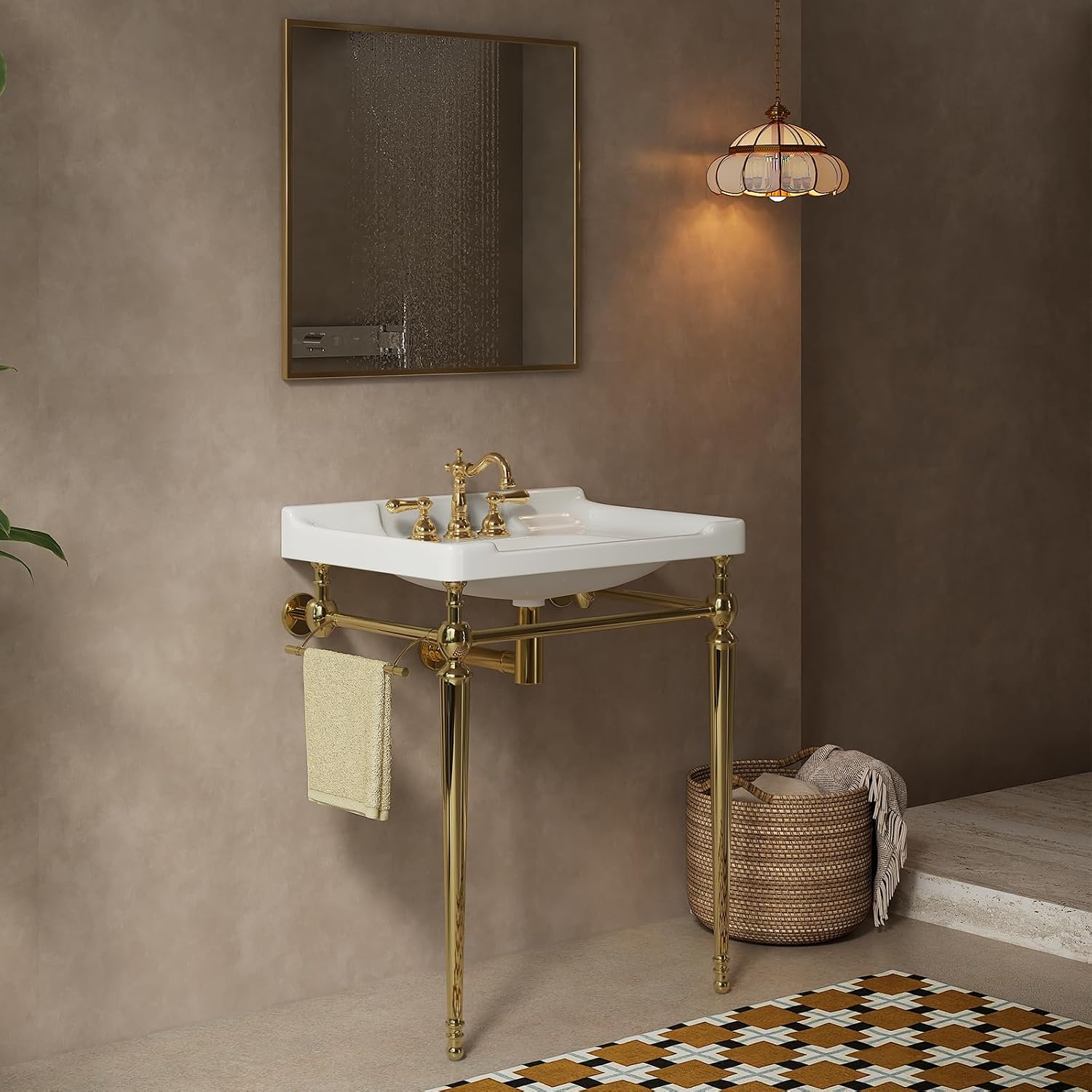 28 inch Console Bathroom Sink, Freestanding Console Sink With Stainless Brushed Gold Legs, Modern Bathroom Vanity with 3 Tap Holes, White Ceramic Basin