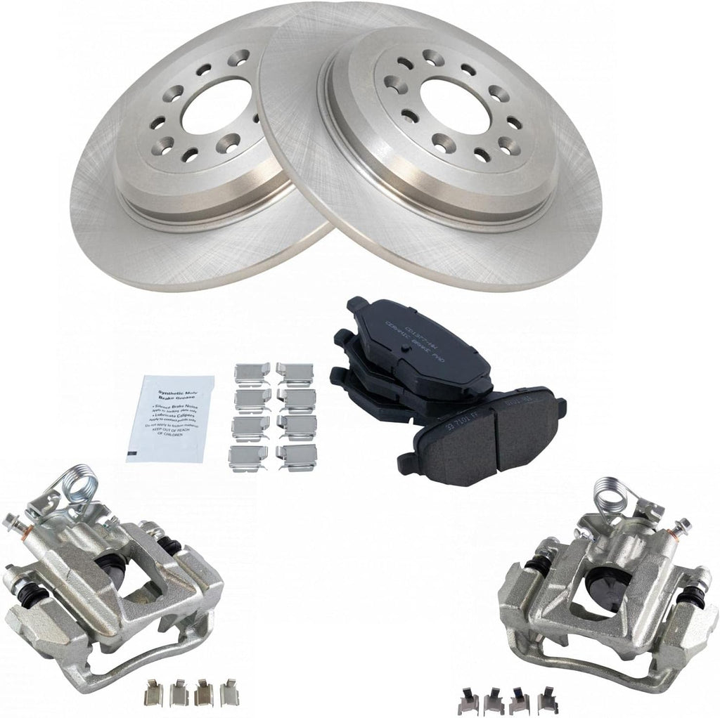 TRQ Rear Brake Pad and Rotor Set Ceramic Solid Rotors Calipers Compatible with 2011-2018 Ford Explorer 2010-2012 Flex 2013-2018 Taurus 2010-2013 Lincoln MKT