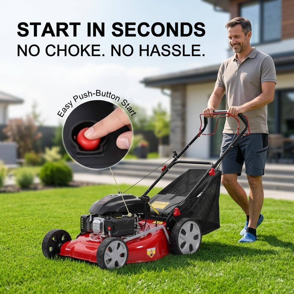 Self Propelled Lawn Mower, 141cc 4-Stroke Gas Engine, 20-Inch Steel Deck Walk-Behind Mower, 3-in-1 Mulching, Side Discharge & Bagging, 7-Position Height Adjustment, High Rear Wheels Large Yards