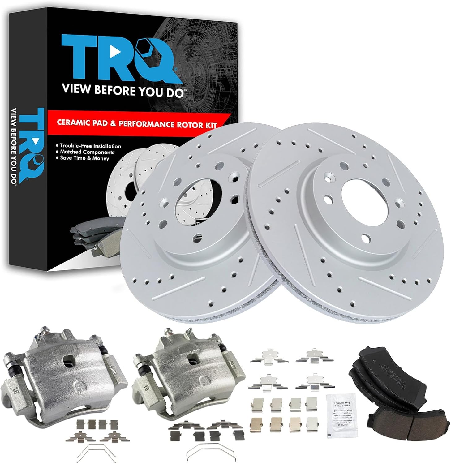 TRQ Front Ceramic Pads Performance Rotors & Caliper Kit Compatible with 2006-2012 Ford Fusion 2007-2012 Lincoln MKZ 2006 Lincoln Zephyr 2006-2011 Mercury Milan