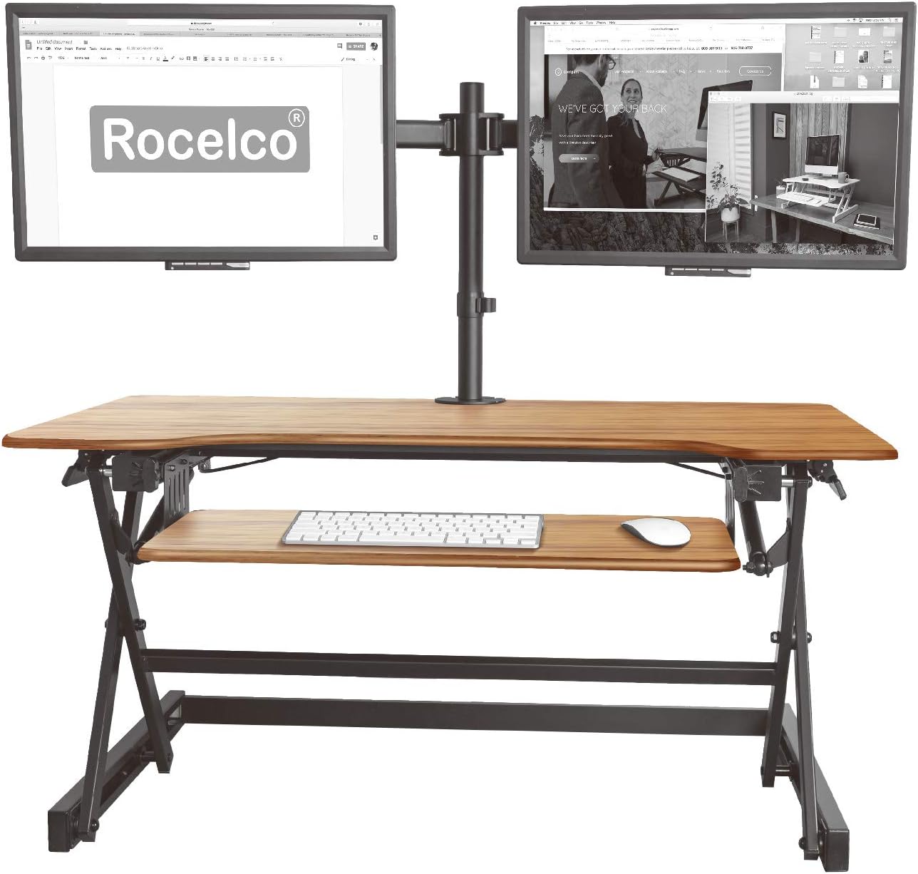 Rocelco 40' Large Height Adjustable Standing Desk Converter - Quick Sit Stand Up Dual Monitor Riser - Gas Spring Assist Computer Workstation - Retractable Keyboard Tray - Teak Wood Grain (R DADRT-40)