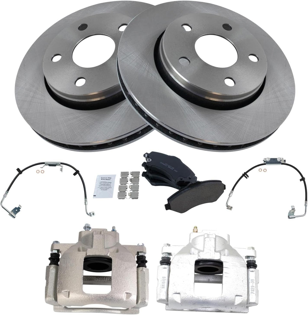 TRQ Front Brake Pad and Rotor Set Ceramic Rotors Calipers Hoses Compatible with 2011-2017 Jeep Wrangler 2018 Wrangler JK
