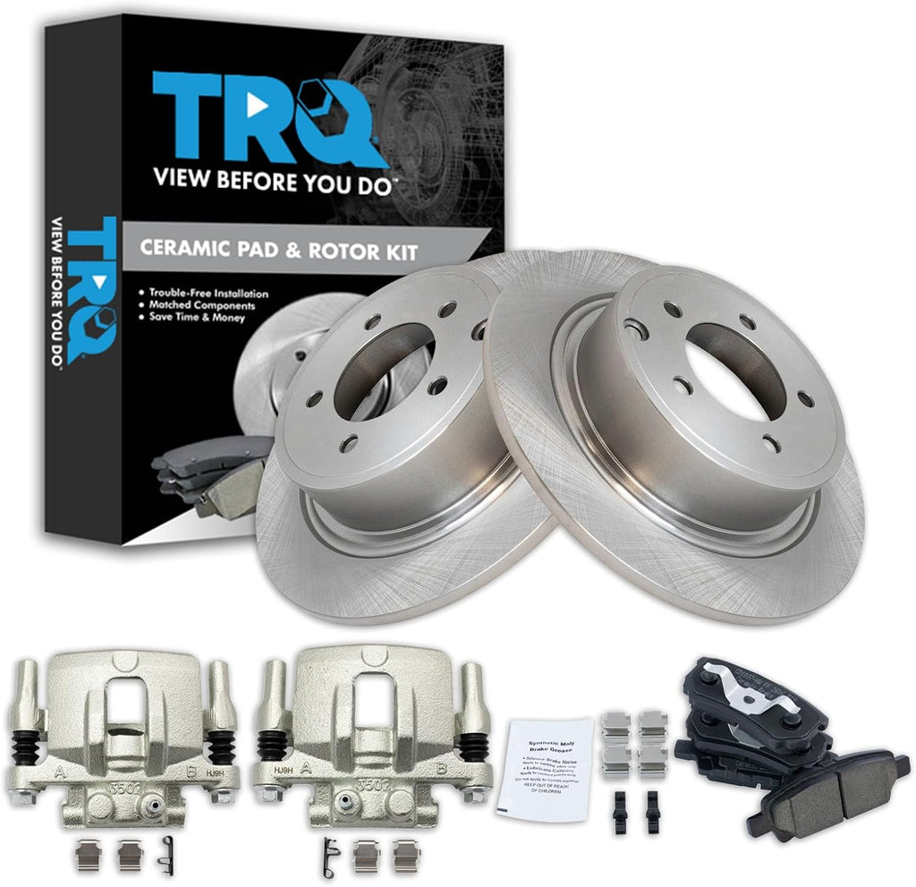 TRQ Rear Brake Pad and Rotor Set Ceramic Rotors Calipers Hardware Compatible with 2011 Dodge Caliber