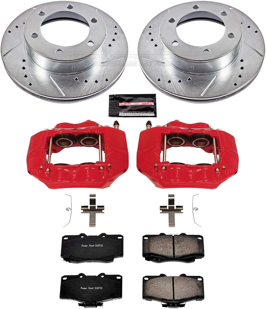 PowerStop Front Brake & Caliper Kit for Toyota Tacoma 1995-04 - Carbon-Fiber Ceramic Brake Pads + Drilled & Slotted Rotors + Red Powder Coated Calipers, KC1233A