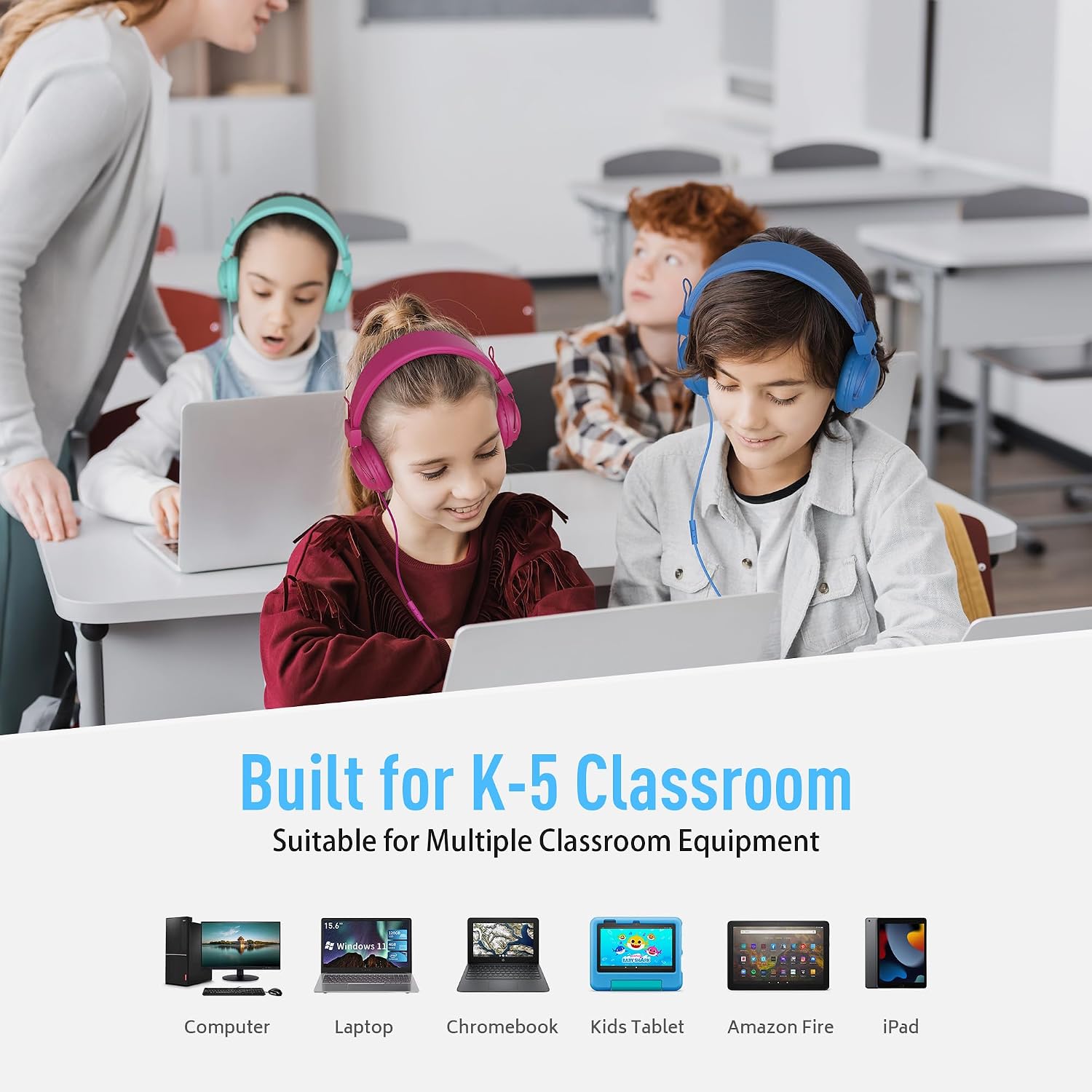 AILIHEN Classroom Headphones Kids 20-Pack for School Student K-5, On-Ear Premium Bulk Wired Headset with Mic, 85dB Volume Limited & SharePort, 3.5mm Jack for Chromebook, Computer, Laptop (Multicolor)
