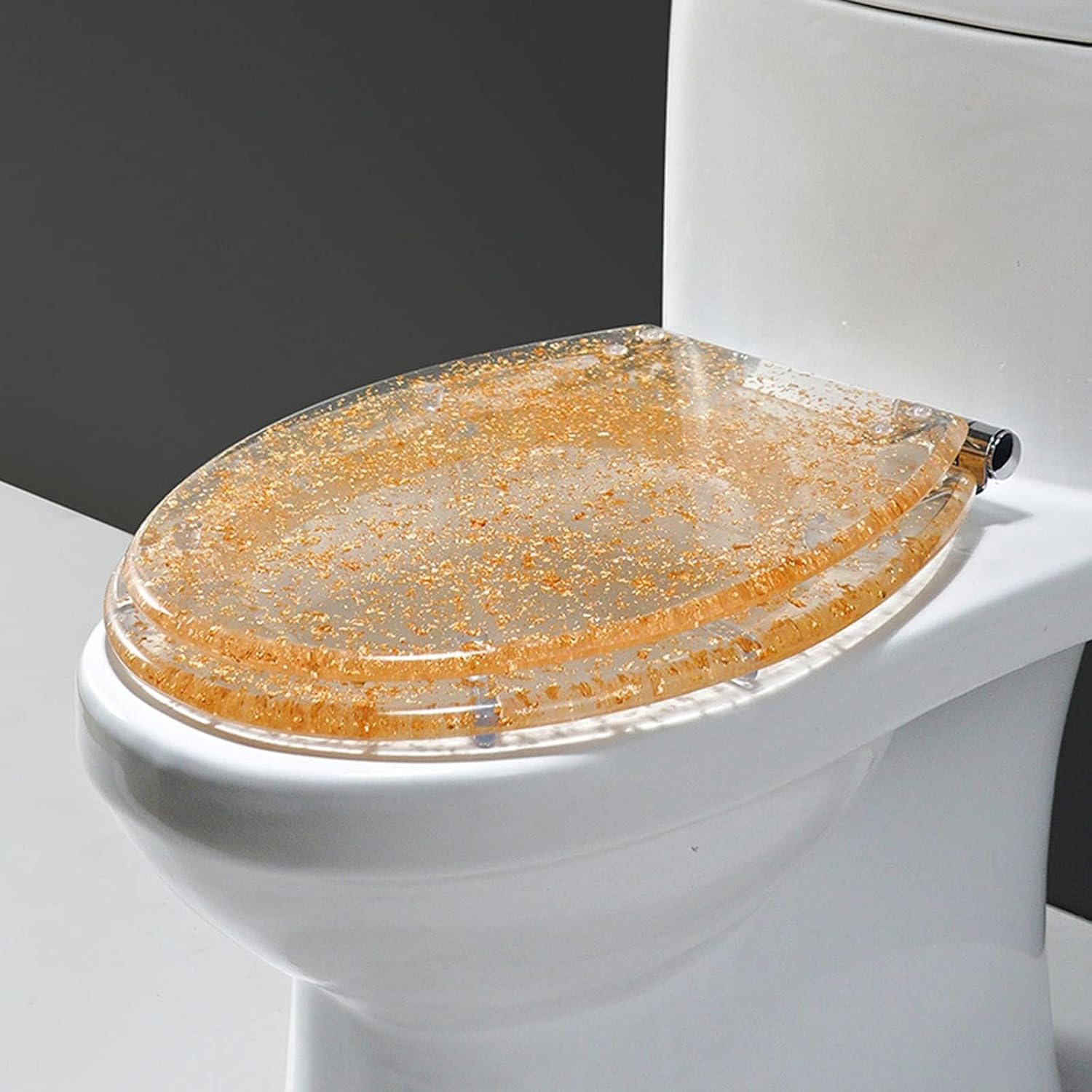 Elongated Glitter Resin Toilet Seat - Soft Close, Quick Release, Heavy Duty, Oval Design, Bathroom Toilet Lid with Silver Foil Glitter Cover. Easy to Clean and Install.
