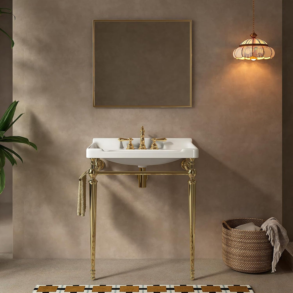 28 inch Console Bathroom Sink, Freestanding Console Sink With Stainless Brushed Gold Legs, Modern Bathroom Vanity with 3 Tap Holes, White Ceramic Basin