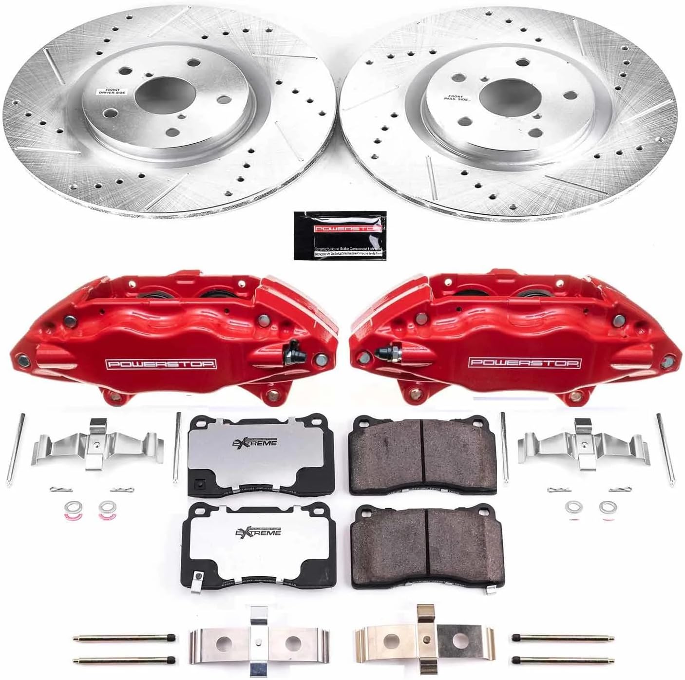 PowerStop Front Brake & Caliper Kit for Subaru Impreza 2005-14 | Subaru WRX STI 2015-17 - Drilled & Slotted Disc Rotors + Carbon-Fiber Ceramic Brake Pads + Red-Powder Coated Calipers, KC131-26