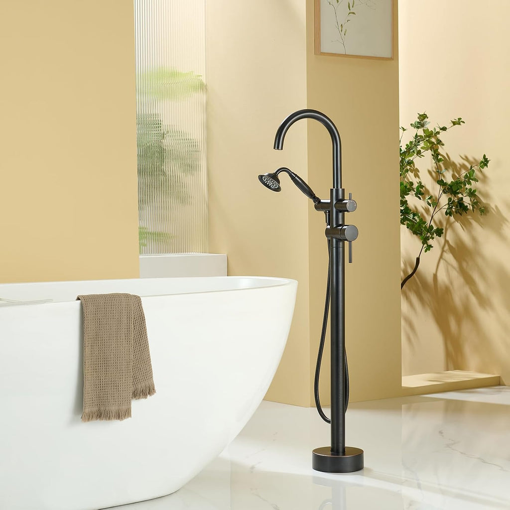 Wowkk Tub Filler Freestanding Bathtub Faucet Oil Rubbed Bronze Floor Mounted Brass Bathroom Tub Faucets with Hand Shower