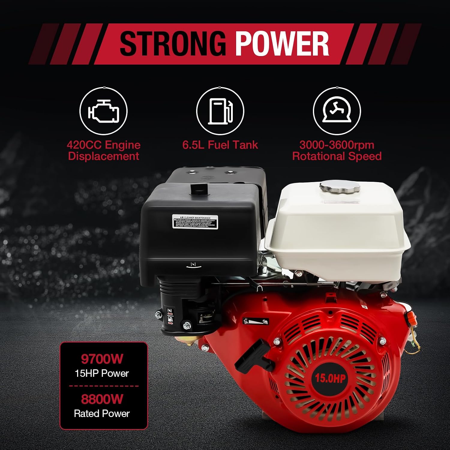15HP 4 Stroke Air Cooled Gas Engine, 420CC Gasoline Motor Engine Recoil Start Go Kart Log Splitter Lifan Type Engine OHV Pull Start Garden Tool Gas Motor for Go Kart Lawn Mower