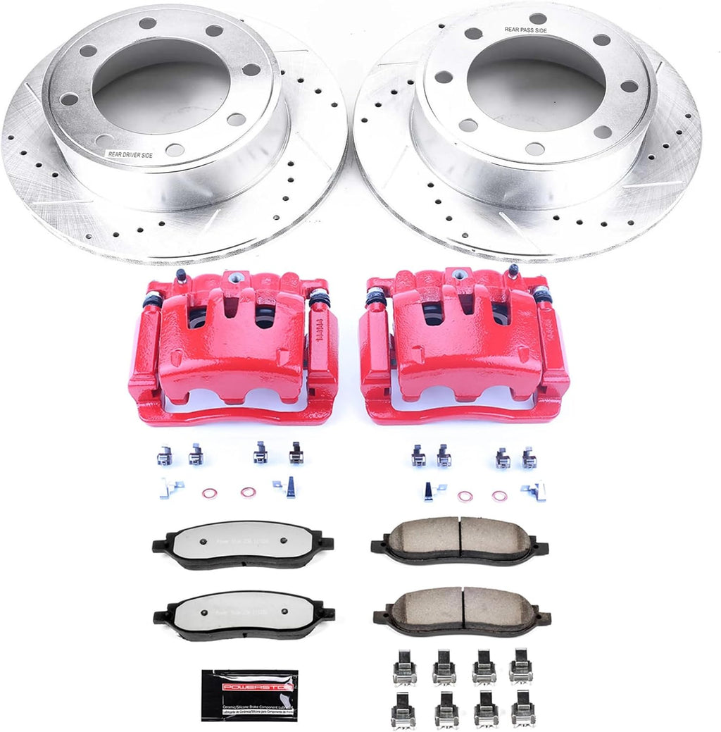 PowerStop Rear Brake & Caliper Kit for Ford F-250 Super Duty 2005-07 | Ford F-350 Super Duty 2005-07 - Drilled & Slotted Disc Rotors + Z36 Brake Pads + Red-Powder Coated Calipers, KC1799-36