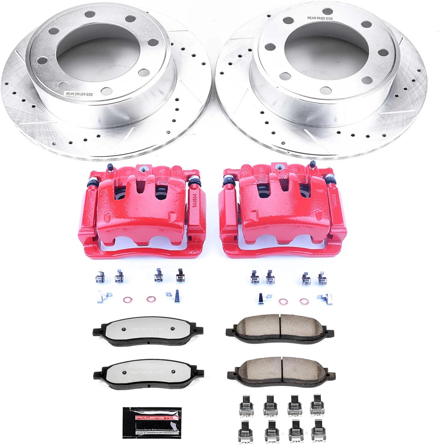 PowerStop Rear Brake & Caliper Kit for Ford F-250 Super Duty 2005-07 | Ford F-350 Super Duty 2005-07 - Drilled & Slotted Disc Rotors + Z36 Brake Pads + Red-Powder Coated Calipers, KC1799-36