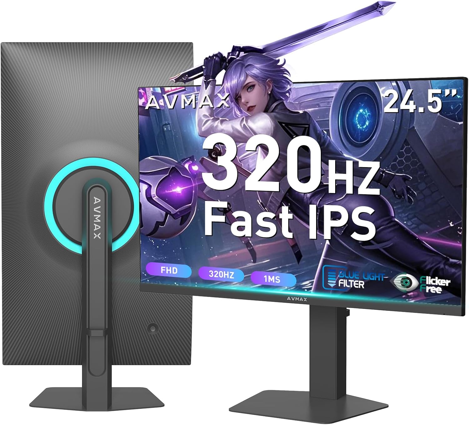 AVMAX 24.5 Inch Gaming Monitor 320Hz/300Hz/240Hz,FHD1920X1080 Fast IPS,Adaptive FreeSync,90% DCI-P3,HDR400 Support,ErgoStand 2XDP1.4&2XHDMI2.0,M253B