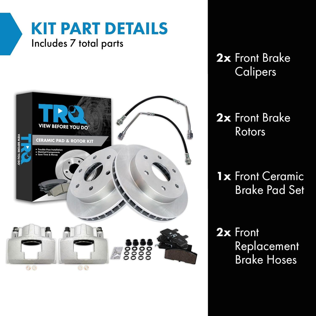 TRQ Front Brake Pad and Rotor Set Ceramic Calipers Hoses Compatible with 1999 Cadillac Escalade 1988-2000 Chevrolet K1500 K2500 Blazer Suburban Tahoe 1988-2000 GMC K1500 K2500 Suburban Yukon