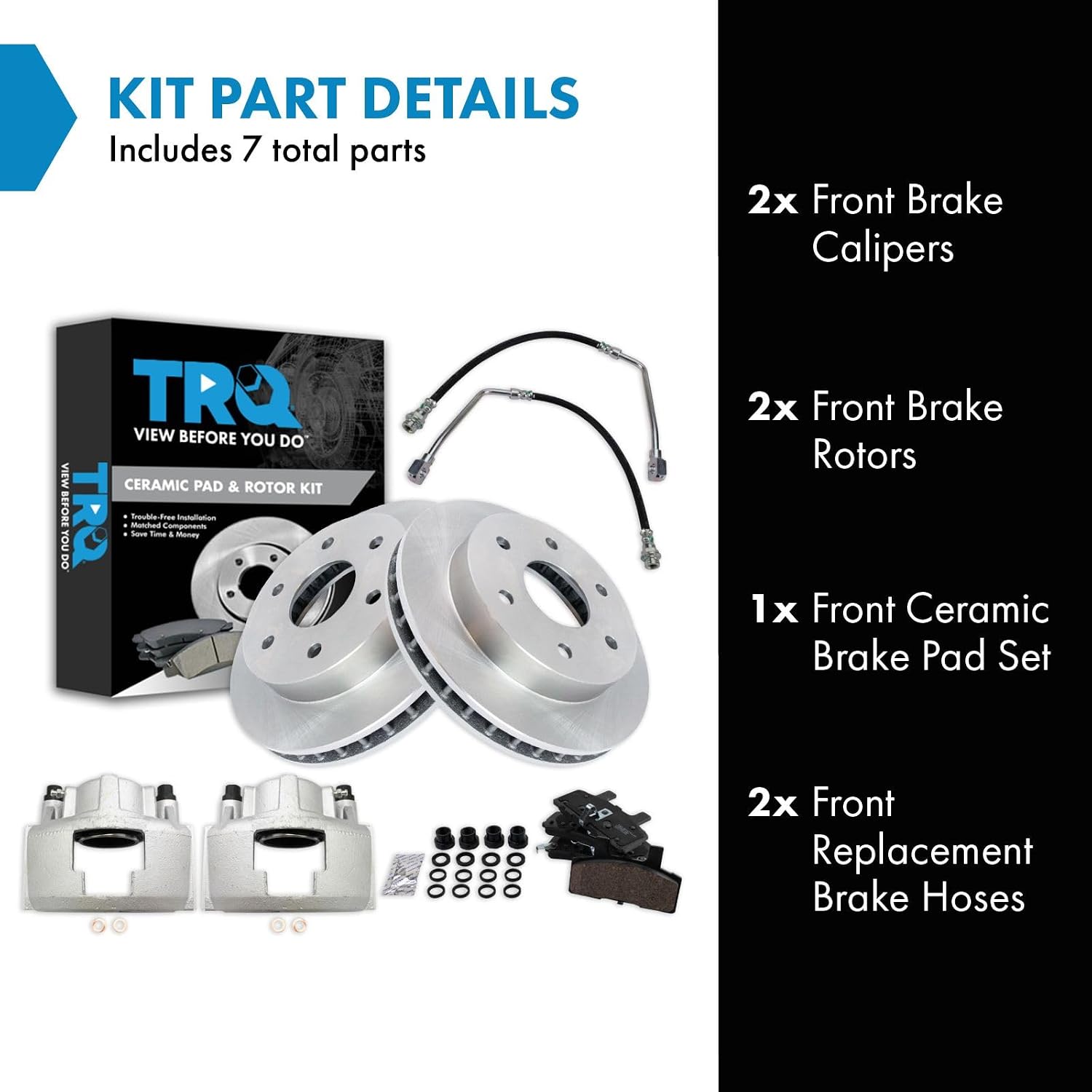 TRQ Front Brake Pad and Rotor Set Ceramic Calipers Hoses Compatible with 1999 Cadillac Escalade 1988-2000 Chevrolet K1500 K2500 Blazer Suburban Tahoe 1988-2000 GMC K1500 K2500 Suburban Yukon