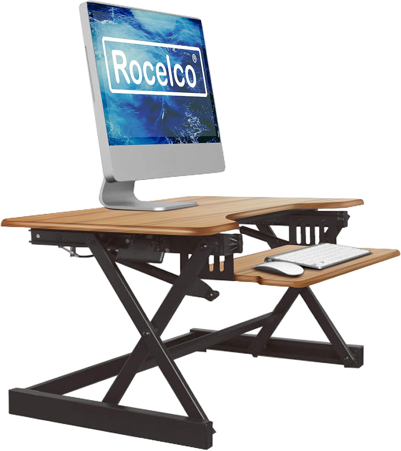 Rocelco 32' Height Adjustable Standing Desk Converter - Sit Stand Computer Workstation Riser - Dual Monitor Retractable Keyboard Tray Gas Spring Assist - Teak Wood Grain (R EADRT)