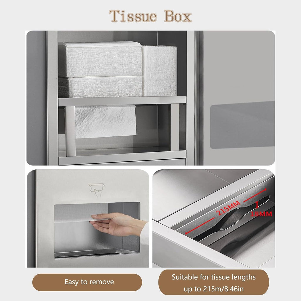 Recessed Convertible Paper Towel Dispenser/Waste Receptacle Combination Unit, Satin Stainless Steel for Hotel Public Bathroom Kitchen, Silver(Gray,33x165x16CM)