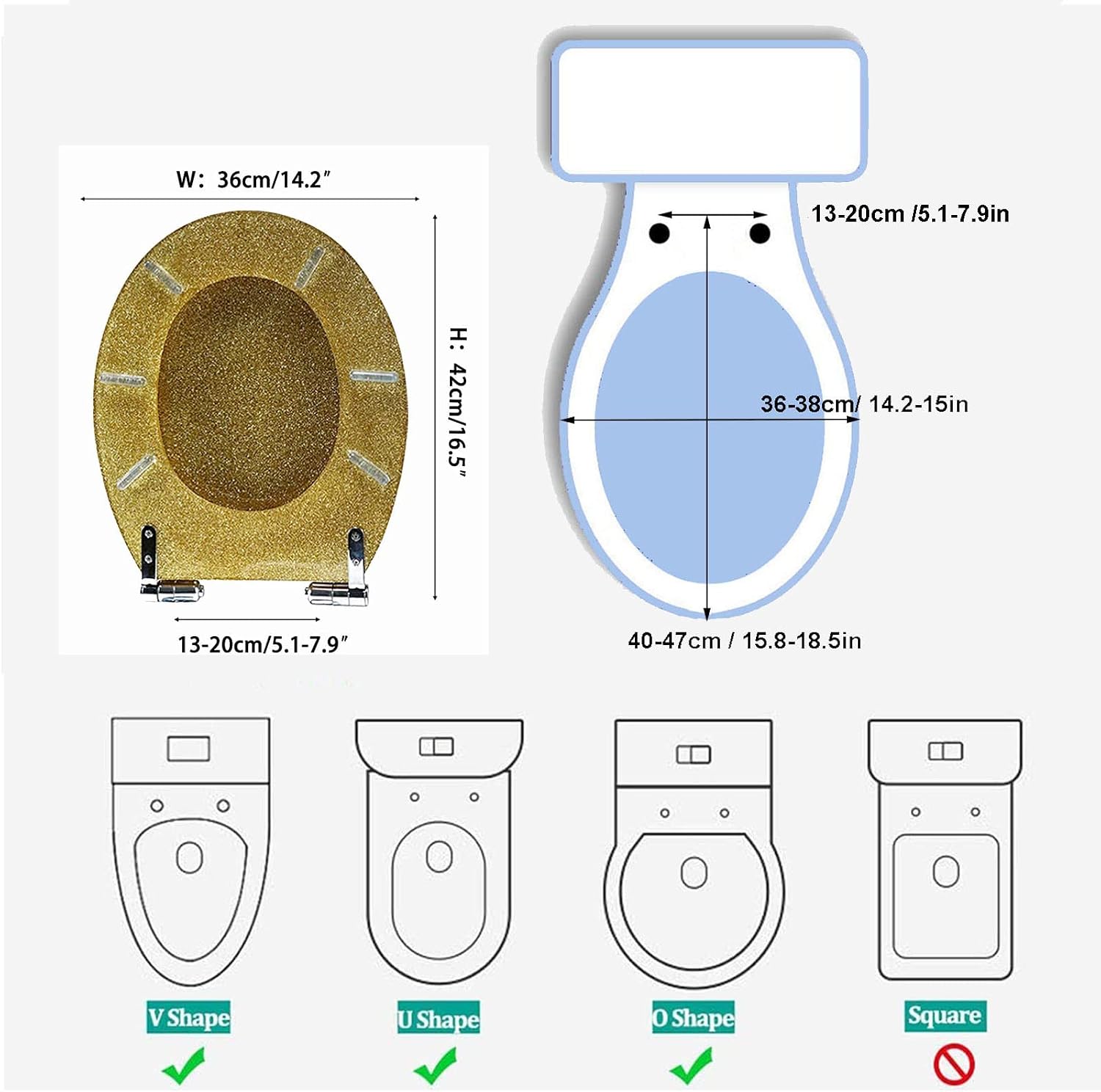 Gold Toilet Seat, Resin Toilet Seat, Elongated Toilet Seat Slow Close Glitter Toilet Seat, Soft Close Bathroom Toilet Lid, Easy to Clean & Install,Gold,Black